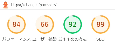 リプレース前のトップページ・モバイルスコア - パフォーマンス：84, ユーザー補助：66, おすすめの方法：92, SEO：89